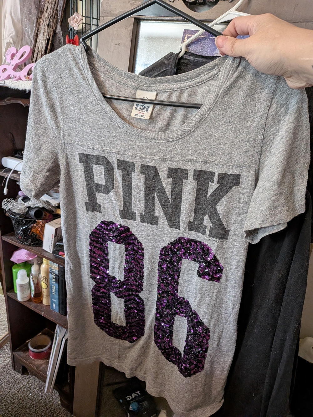 PINK Victoria's Secret Gray Tee with Purple Sequin '86'